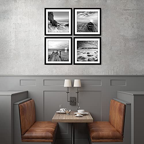 ENGLANT-4 Panels Set Framed Canvas Print for Seascape Beach and Boat Sunrise Scenery Black and White Giclee Canvas Print W...