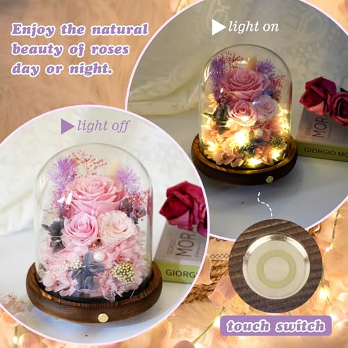 Large Preserved Flowers with Card&Box-Flowers for Delivery Prime,Eternal Rose with Lights,Roses in Glass Dome,Romantic Gif...