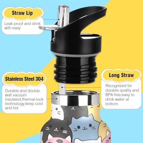 Cats Cute Animal Water Bottles for Boys Kids Stainless Steel Thermos Bottle Cups with Straw Lid Leakproof Insulated Flask ...