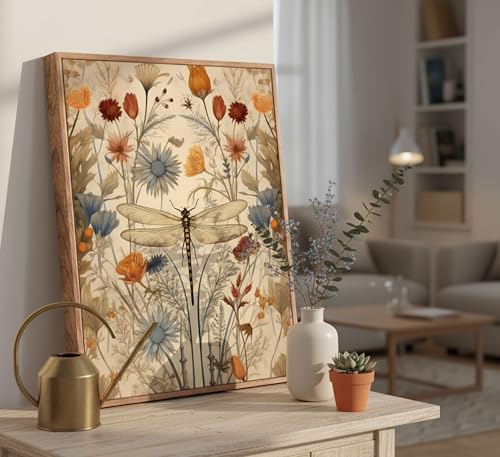 Framed Vintage Dragonfly Canvas Wall Art Whimsical Botanical Floral Picture Elegant Mid Century Natural Poster Prints Ecle...