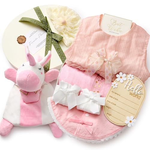 TUZT Newborn Baby Girl Gift Set, 9PCS Baby Shower Gift Box with Onesie Blanket Hand Puppet Milestone Card, New Born Essent...