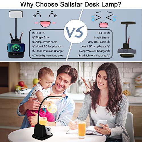 Sailstar Desk Lamp, LED Desk Lamps for Home Office, Wireless Charger Small Desk Lamp with Pen Holder, 3 Color Modes, Dimma...