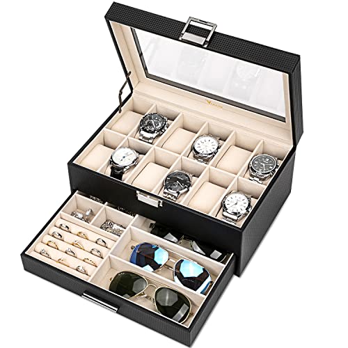 Voova Jewelry Box Organizer for Men Women, 2 Layer Large 12 Slot PU Leather Watch Storage Case, Glass Top Jewelry Display ...
