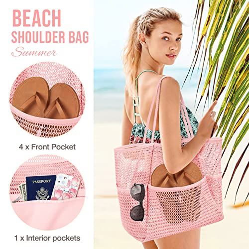 KPX Beach Bag with Mini Pocket, Summer Beach Tote Bags for Women Large Foldable Mesh Swimming Pool Travel Bags - Sandproof