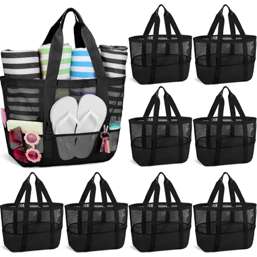 Hillban Large Beach Mesh Bags Bulk for Women Beach Tote Bag with 8 Pocket Zipper Waterproof Sandproof for Pool Cruise Ship