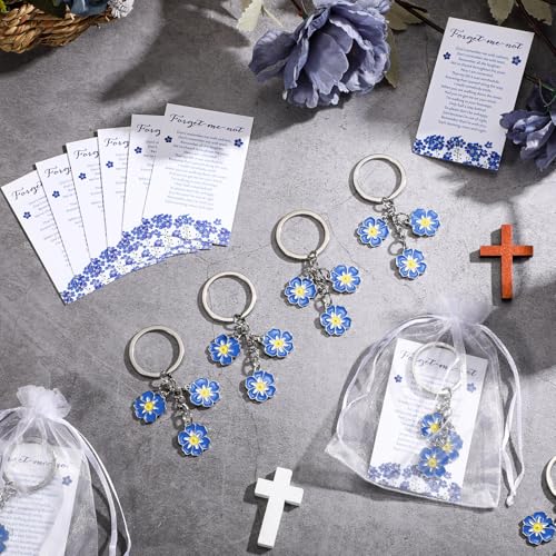 Landical 25 Set Funeral Favors for Guests Forget Me Not Flower Keychain Forget Me Not Poem Cards with Organza Bags Celebra...