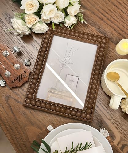 Moodisque 5x7 Picture Frame Wood Beaded Photo Frame MDF Brown Rusitc Frames Vintage Unique Wall Hanging Desktop Gifts Home...
