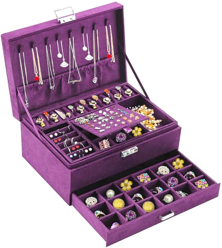 QBestry 3-Layer Jewelry Box for Women with Lock and Key & Drawer, Large Jewelry Organizer with 8 Necklace Hooks & 56 Earri...