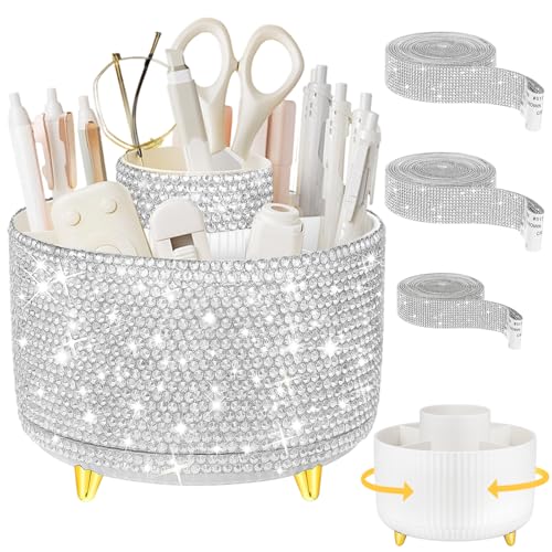 Yi-gog 360°Rotating Makeup Organizer Brush Holder with DIY Diamond Gifts Women Girls Vanity Desktop Office Dresser Bedroom