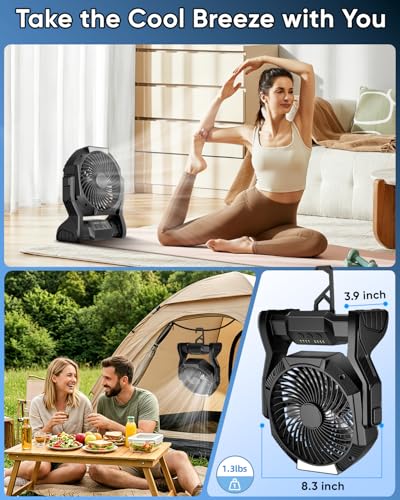 Portable Rechargeable Fan, 20000mAh Battery Powered Camping Fan with LED Light & Hook, 270° Adjustable, 4-Speed,4-Timer Ca...