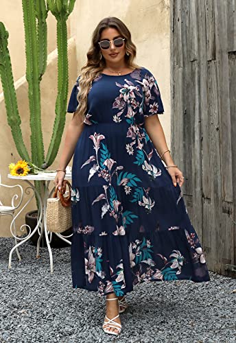 Nemidor Plus Size Maxi Dresses for Curvy Women Summer Casual Boho Ditsy Floral Print Layered Flared Long Dress with Pocket