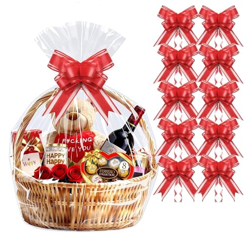 PigPotParty 24x30 Inch Large Cellophane Bags for Gift Baskets with Red Ribbon Bows, 10 Pack Clear Plastic Basket Wrap with...