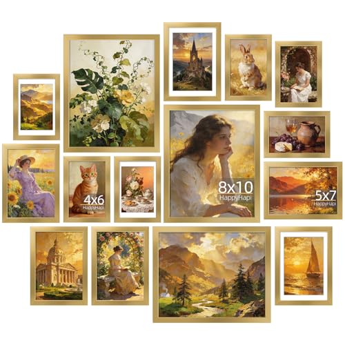 HappyHapi 15 Pack Gold Picture Frames Collage Wall Decor, Gallery Wall Frame Set for Mounting & Tabletop Display, Multi Si...