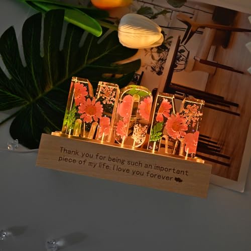 Britrio Gift for Mom Dry Flower Night Light Lamp for Mother's Day Gift from Son Daughter Dried Pressed Flower Letter Led L...