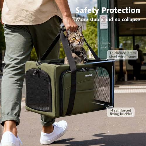 Pecute Cat Carrier Expandable, Stable Pet Carrier with 5mm Thick Steel Wire Frame, Dual-Side 200% Larger Space, Car Travel...