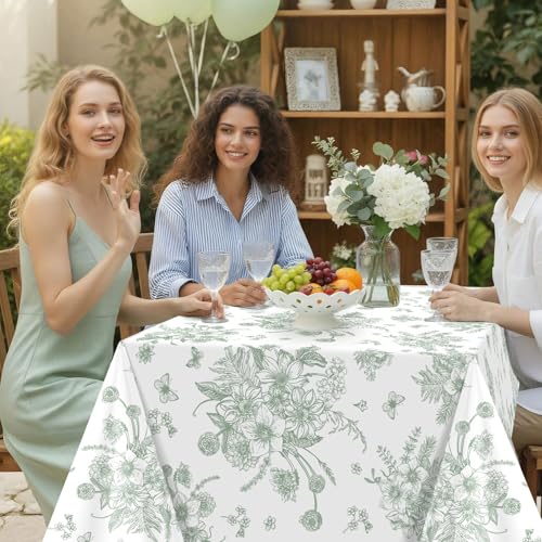 3 Pack Sage Green Floral Plastic Tablecloths, 54 X 108Inch Tea Party Tablecloth Disposable Table Cloths Green and White Po...