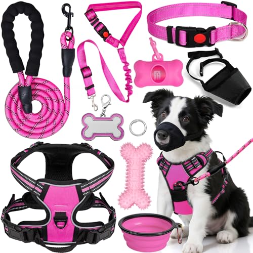 YXFDOYT No Pull Dog Harness Adjustable Collar & Leash Set - Dog Halter Harnesses Collapsible Bowls & Poop Bag Dispenser Mu...