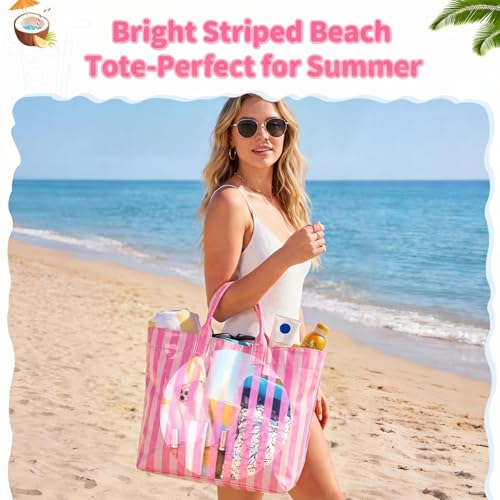 Aliceset Stylish Large Striped Tote Bag for Women Waterproof Beach Bag with Top Handles for Travel Gym Work Grocery