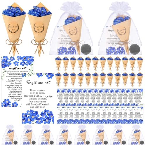 Suncalla 30 Sets Funeral Favors for Guest Forget Me Not Dried Flowers Bouquets Mini Magnet Dried Flower Bouquets with Card...