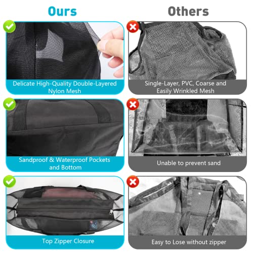 ZUXNZUX Mesh Beach Bag - Large Waterproof Beach Tote Bag with Zipper, Oversized Foldable Lightweight Family Swim Bag Vacation