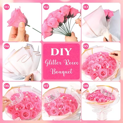 TLY Glitter Roses Bouquet,24 Pcs Pink Flower Bouquet,Birthday Gifts for Women,DIY Artificial Flowers for Mom Grandma Wife ...