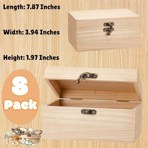 RHBLME 8 Pack Unfinished Wooden Boxes for Crafts, 8 x 4 x 2 Inch Wooden Box with Hinged Lid and Front Clasps, Unpainted Wo...