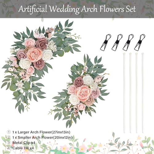 Finphoon Pink Wedding Arch Flowers Set of 2, Artificial Wedding Arch Floral Swag Arrangement for Reception Photo Backdrop ...