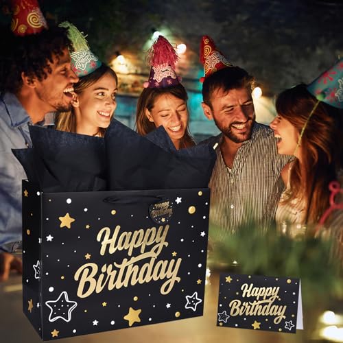 ZGORENDZ 14'' Large Gift Bag Gold Foil Happy Birthday Party Bag with Tissue Paper, Card, Envelope, Gift Tag