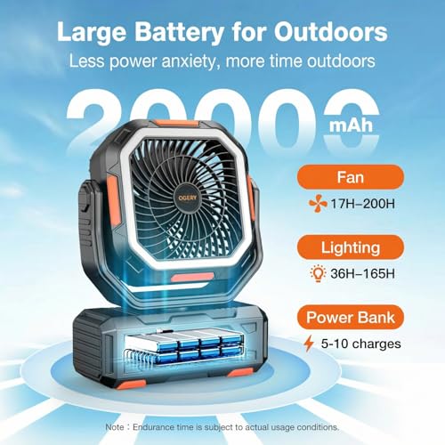 OGERY Camping Fan, Portable Fan Rechargeable with 20000mAh Battery, Stepless Speed Control, Fast Charging, Remote & LED La...
