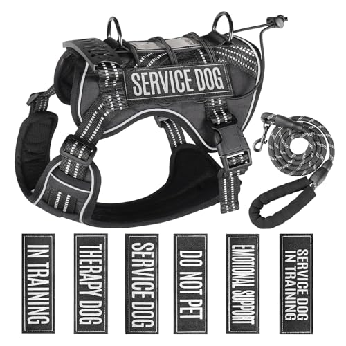 Service Dog Tactical Vest Harness and Leash Set Large Sized Dog Emotional Support- Tactical Dog Harness Training Collar wi...