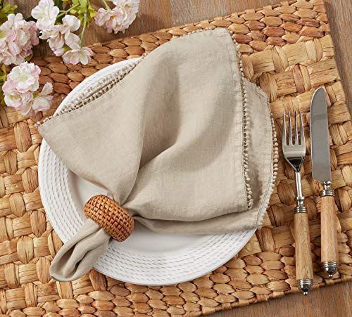 SARO LIFESTYLE 15062.N20S Pomponin Collection Linen Pom Napkins (Set of 4), 20" Natural