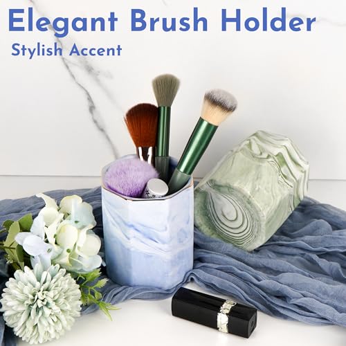 BUNCHBRAVO Blue Marble Makeup Brush Holder - Round Ceramic Pencil Container with Gold Rim, Elegant Versatile Organizer for...