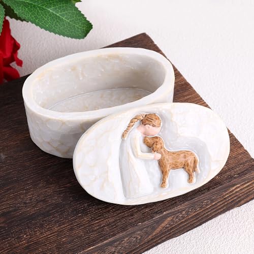 FriyGardcn Resin Keepsake Box Oval 3.82 Inch, Memorial Trinket Box for Dog Ashes Pet Hair Collar Tag, Engraved Girl with P...