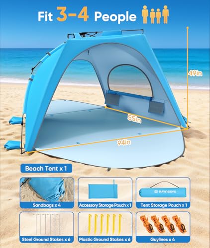 Raynesys Beach Tent Sun Shelter, 3-4 Person Pop Up Beach Canopy, Portable Sun Shade Tent with Carrying Bag for Sands & Out...