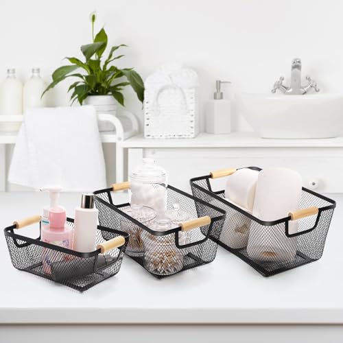 Noamus 3 Pack Metal Mesh Basket with Wooden Handle, Farmhouse Wire Steel Storage Bins, Rectangle Fruit Vegetable Organizer...