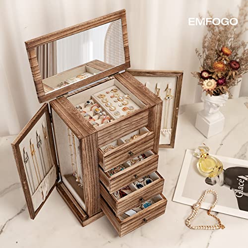 Emfogo Jewelry Box for Women, 5 Layer Large Wood Boxes & Organizers for Necklaces Earrings Rings Bracelets, Rustic Organiz...