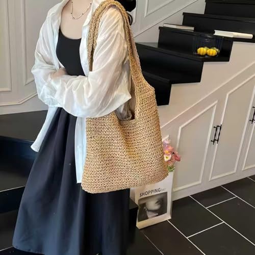 QTKJ Hand-woven Soft Large Straw Shoulder Bag Boho Straw Handle Tote Retro Summer Beach Bag Rattan Handbag