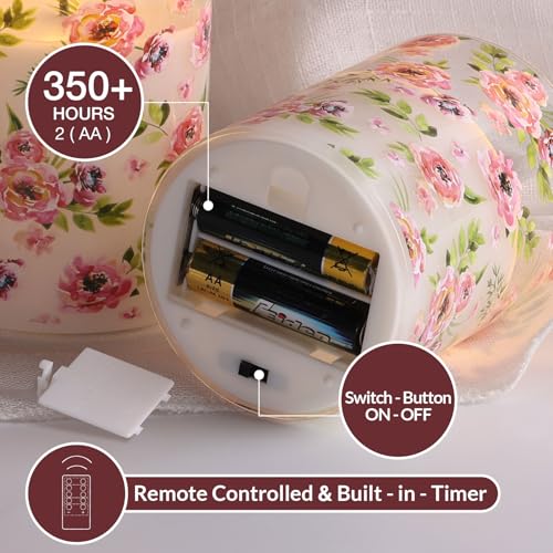 Eywamage Red Rose Floral Flameless Candles with Remote, Flickering Glass LED Pillar Candles Spring Home Decor Set of 3