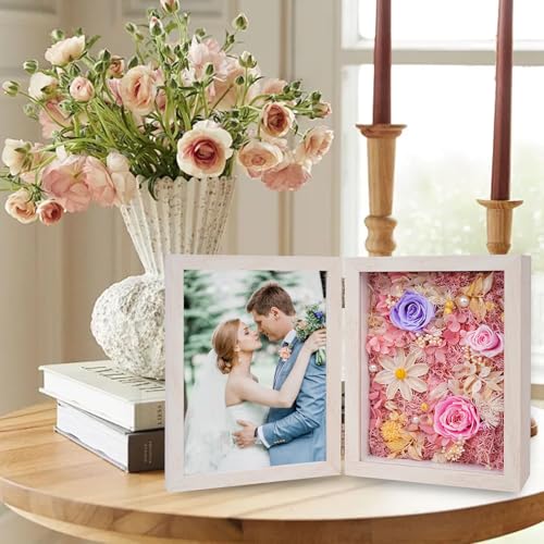 5x7'' Shadow Box Picture Frame Double Photos with Preserved Flowers, Real Floral Deep Wood Shadow Box Display Case Desktop...