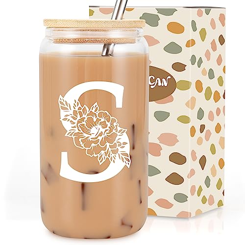 Coolife Initial Glass Cup, Monogrammed Gifts for Women, 16oz Glass Cups w/Lids Straws, Iced Coffee Smoothie Beer Tumbler ...