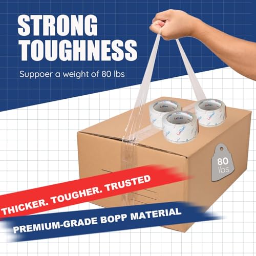 LeBao Clear Heavy Duty Shipping Packing Tape with Metal Dispenser, 6 Rolls 2.7 Mil Thick Ultra Strong Packaging Tape Refil...