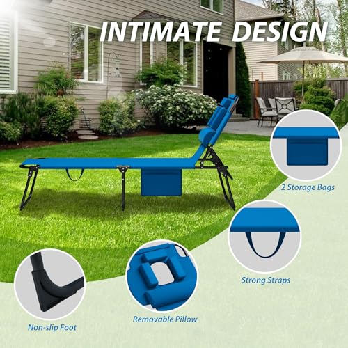 Candockway 400lbs Tanning Chair, 5-Fold Beach Lounge Chair with Face Hole & 2 Side Pockets, Non-Slip Foot & Portable Handl...