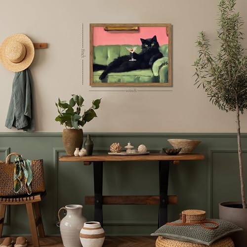 Framed Black Cat with Martini Wall Art Print, Whimsical Cute Cat Decor Paintings, Cocktail Art Bar Cart Decor, Funny Anima...