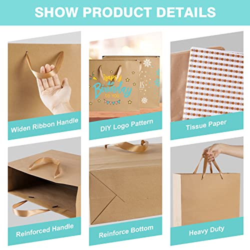 Plauthus Brown Gift Bags with Handles, 4 Pack Large Gift Bags with Tissue Paper, Kraft Paper Gift Bags for Shopping, Part...