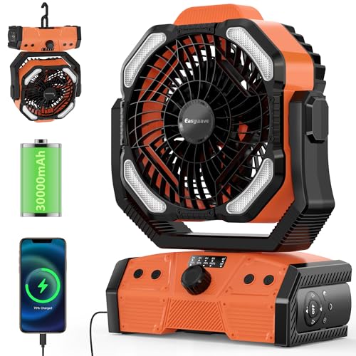 Easywave Camping Fan with LED Lantern: 30000mAh Rechargeable Battery Powered Outdoor Tent, Oscillating Fan with 360° Hangi...