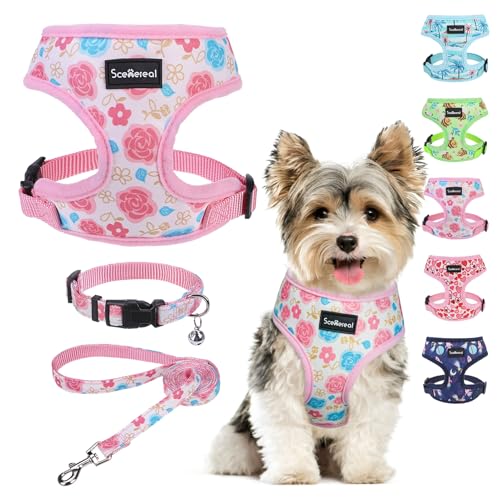 SCENEREAL Small Dog Harness Collar and Leash Set, Adjustable No Pull Pet Harnesses, No Chock Soft Mesh Step in Vest for Do...