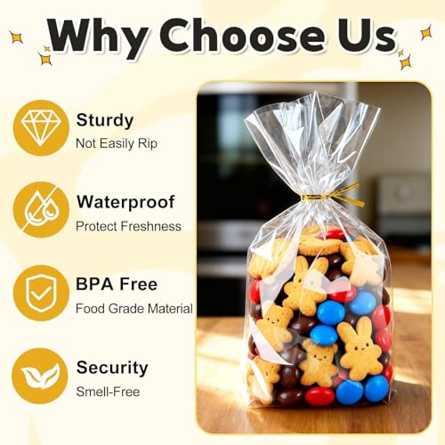 PigPotParty Cellophane Treat Bags 6x9 Inch, 50 Pack Clear Goodie Bags with Bottom Gusset for Stand-Up Display, Small Plast...