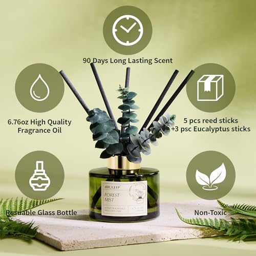 Airkeep Reed Diffuser Set with 6.76 fl oz Forest Mist Scent Essential Oils and 3 Leaves & 8 Diffuser Sticks,Bathroom Shelf...