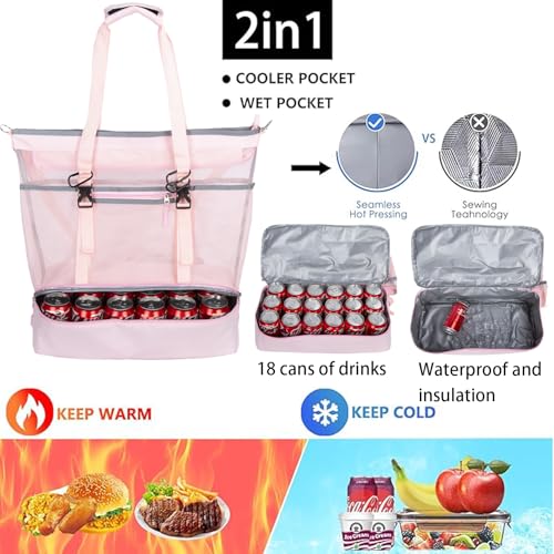 Unamujer Mesh Beach Bag with Cooler Large Travel Family Vacation Essentials Pool Swimming Zipper Pocket Durable 9 Pockets
