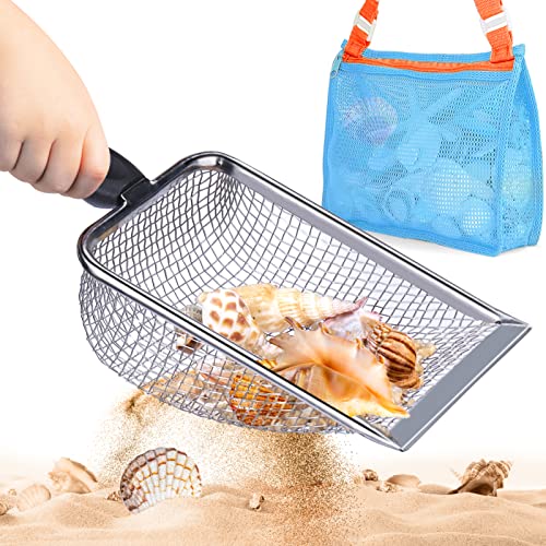 Vodolo Beach Mesh Shovel with Mesh Beach Bag for Shell Collecting, Kids Filter Sand Scooper for Picking Up Shells, Shark T...